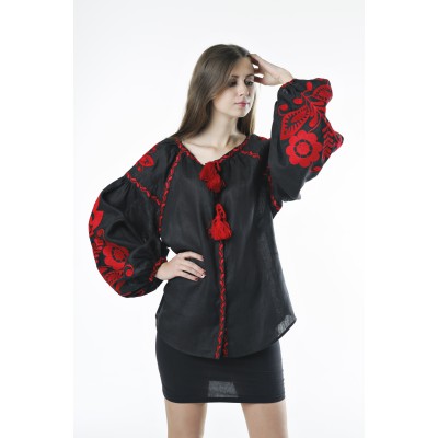 Boho Style Ukrainian Embroidered Folk  Blouse "Boho Birds" red on black